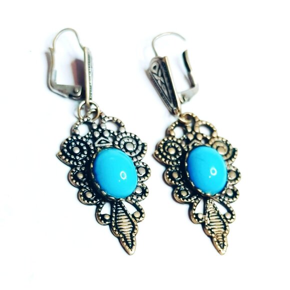 Vintage Spanish Filigree Dangle Earrings With Turquoise Stones Boho Style - Picture 2 of 5